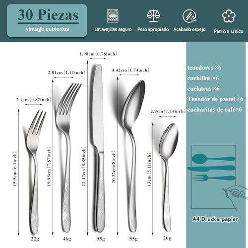 Complete cutlery 6 people, EIUBUIE vintage cutlery with unique design | 30 Pieces, Mirror Polished, Stainless Steel Flatware, Dishwasher Safe, Cutlery Set, Knife Spoon Fork