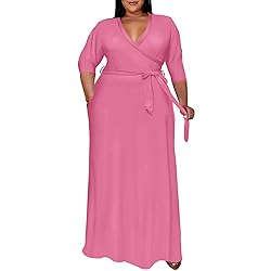 Runwind Plus Size Dress for Women 3/4 Sleeve V Neck