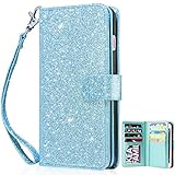 Dailylux iPhone 8 Case, iPhone 7 Wallet Case,Premium PU Leather+TPU Inner Shell Flip Case with 9 Card Slot Luxury Bling Cover for Apple iPhone 7 (2016) / iPhone 8 (2017) Women/Girls-Glitter Blue
