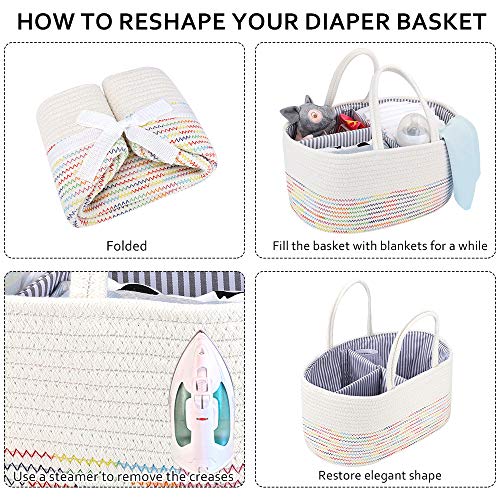 Mebbay Baby Diaper Caddy Organizer, Woven Cotton Rope Storage Basket, Nursery Storage Bin for Changing Table and Car, Detachable Partition with Bottle Holder, Colorful Stitching - Thumbnail 3