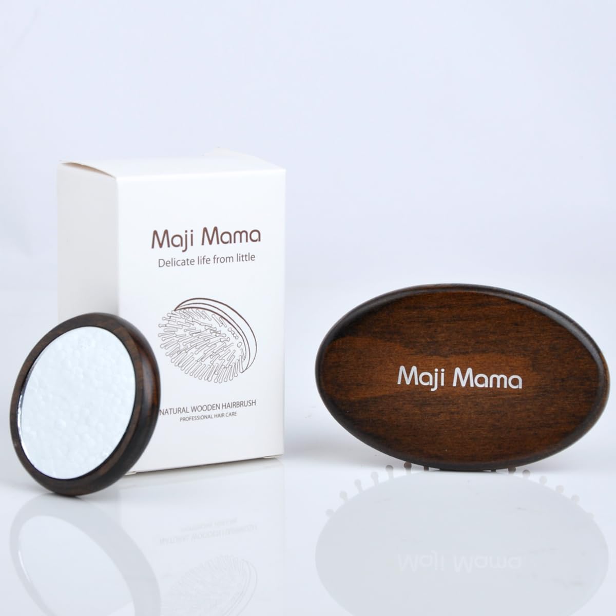Handmade Oval Wooden Hair Brush Mini Cosmetic Mirror Set,Mini Travel Portable Hairbrush with Bamboo Pins/Boar Bristles (Bamboo Pins)