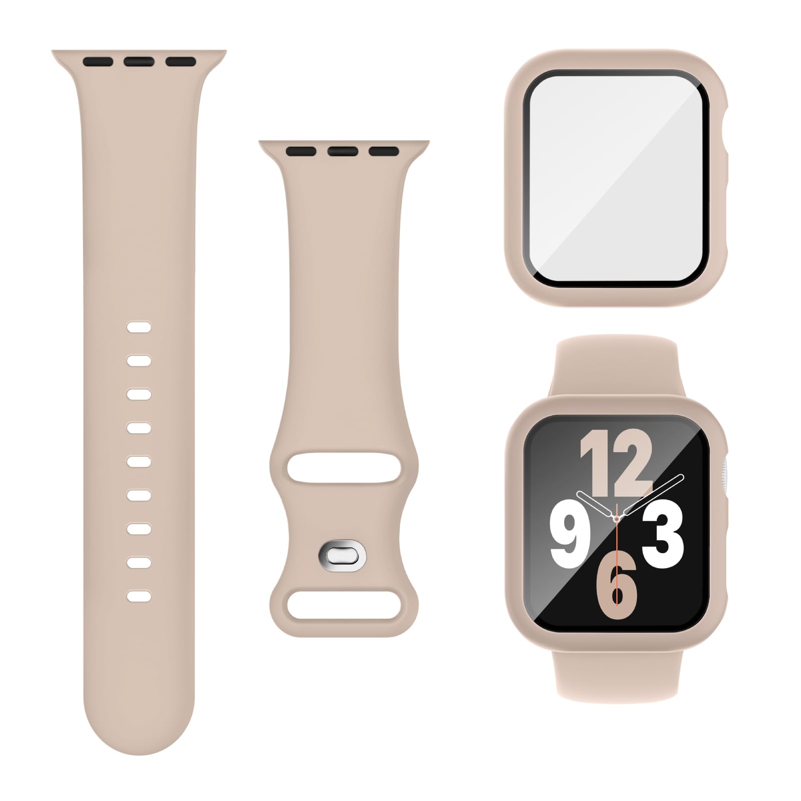Joehwerr 3-in-1 Compatible for Apple Watch Straps 41mm with Case & Screen Protector, Silicone Sport Strap and Protective Cover with 9H Tempered Glass for iWatch Series 9/8/7, Milktea