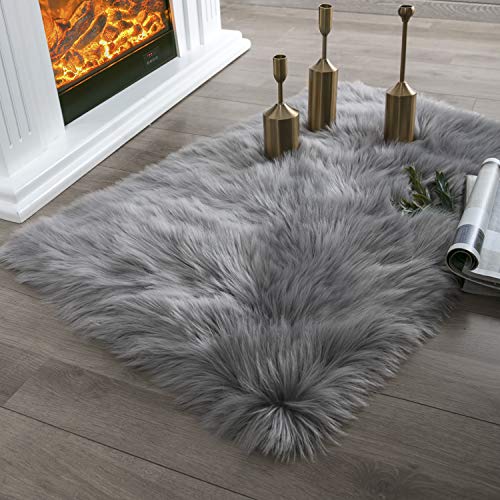 Ashler Ultra Soft Fluffy Area Rug Faux Fur Sheepskin Carpet Chair Couch Cover for Bedroom Floor Sofa Living Room, Grey Rectangle 2 x 3 Feet