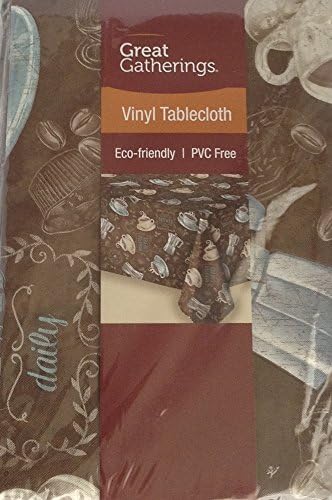 Coffee Vinyl Tablecloth PVC Free Coffee Beans Coffee Pots 52" x 90" Brown, Blue, Tan, White