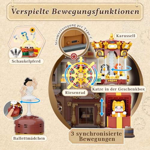 PANTASY Geschenkeladen Clamping Building Blocks Set for Adults, Motorised European Fairy Tale House with Carousel, Ferris Wheel, Hinged Back Panel and Detailed Interior, Modular Building Display