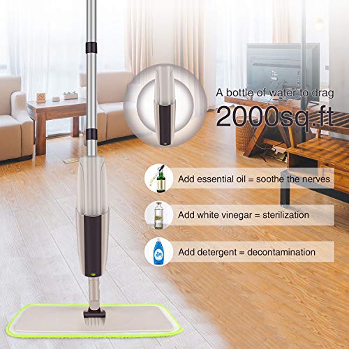 Spray Mop for Floor Cleaning, CXhome Hardwood Floor Mop with 2 Washable Microfiber Spray Mop Pads and 1 Refillable Bottle, Spray Mop Tile for Home Kitchen (Grey-Green) - Thumbnail 2