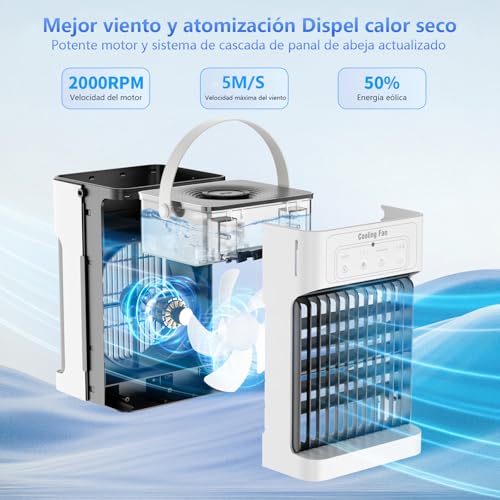 Mini Portable Air Conditioner, 1100 ml Air Cooler, 3 Speeds, 3 Mists, 2-8H Timed, 7 LED Portable Air Conditioner for Bedrooms, Offices (10W)