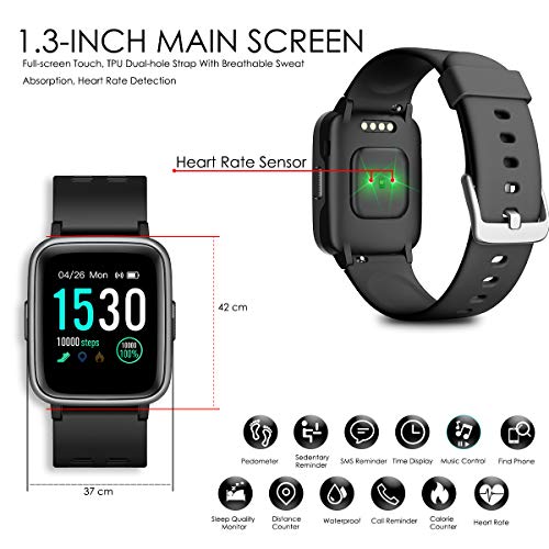 CHEREEKI Fitness Tracker, Fitness Watch with Heart Rate Monitor Waterproof IP68 1.3'' Color Screen Smartwatch, Stopwatch, Step Counter, Sleep Monitor Activity Tracker for Men Women Kid (Black 1)