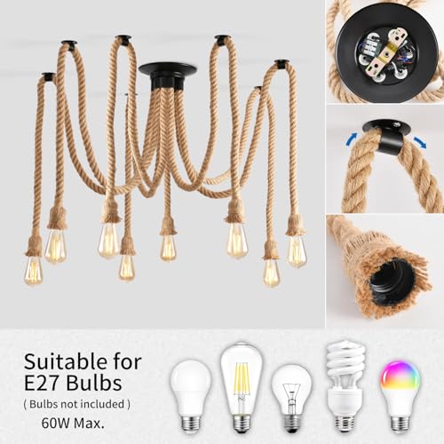 ANWIO Rope Ceiling Lamps, Rustic Ceiling Lamp E27, Rope Ceiling Lamp with 8 Bases, Ideal for Bedroom, Dining Room, Restaurant, Bar, Cafeteria (without Bulbs)
