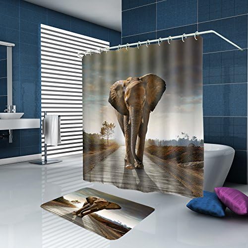 ALFALFA Home Bathroom Decorative Polyester Fabric Animal Theme Shower Curtain With Hooks, Waterproof, Mildew Resistant 60" W x 72" H (150CM x 180CM) - Road Walking Elephants