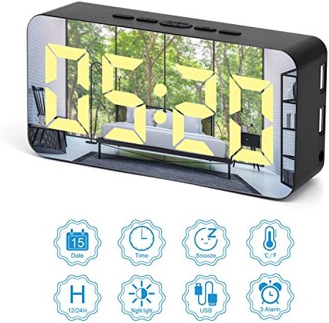 Digital Alarm Clock, LED Adjustable Brightness Voice Control Mirror Effect Desk Alarm Clock with Day/Date/Temperature and Humidity Detection USB/Battery for Bedroom School Travel(Black)