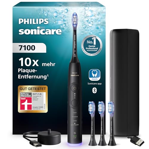 Philips Sonicare 7100 elektrische Zahnbürste, Schallzahnbürste mit App, 4 Putzmodi und 3 Intensitätsstufen, Andruckkontrolle, EasyStart, SmarTimer, Schwarz, Modell HX7421/08 [Neue Technologie]