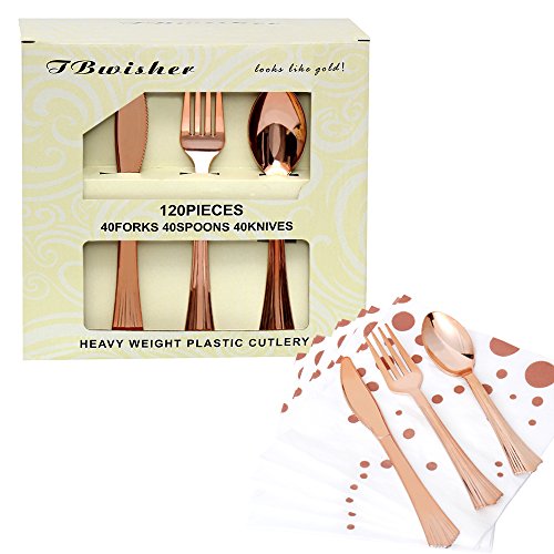 TBwisher Gold Plastic Disposable Flatware Silverware Set Disposable Tableware Cutlery - 40 Paper Napkin 40 Forks 40 Spoons and 40 Knives Combo 160 Party Supplies (Rose gold) - Thumbnail 6