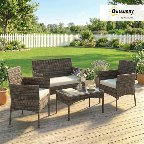 Outsunny 4 Pieces Wicker Patio Furniture Set, PE Rattan Outdoor Conversation Set with Loveseat, 2 Chairs, Tempered Glass Coffee Table and Cushions for Garden Porch Balcony, Beige