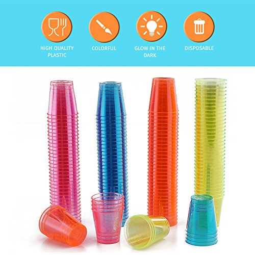 150 Colourful Disposable Neon Shot Glasses, Glow in the Dark Cups, Volume 30ml (1 Ounce) - Size - diameter 3.9 x 4 (H) cm
