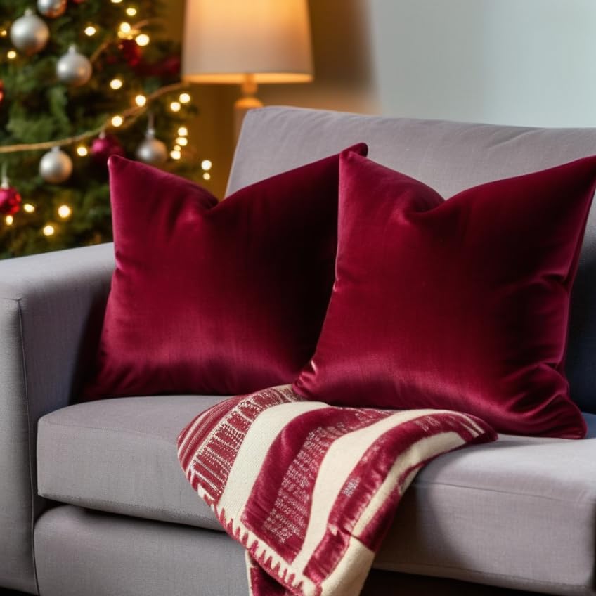 Photo 1 of FEVERQIYI 20x20 Velvet Pillow Covers Set of 2 Christmas Red Decorative Square Throw Pillowcase Soft Solid Cushion Covers for Bedroom Living Room Outdoor Indoor Decoration