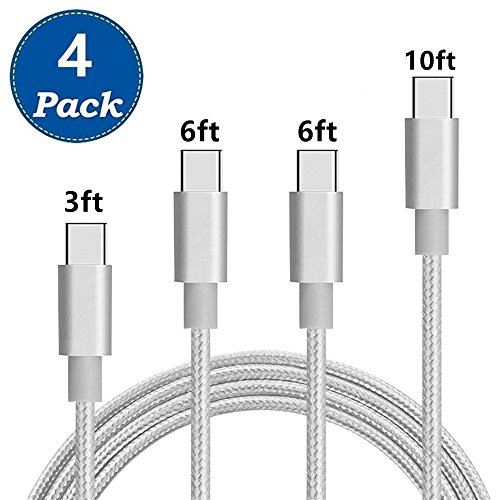 USB Type C Cable, Arukas [4 Pack 3ft/6ft/6ft/10ft] Extra Long Nylon Braided USB Type A to C Charger for Samsung Galaxy Note 8, S8/ S8 Plus, LG G6, Google Pixel, Nintendo Switch, Nexus (sliver)
