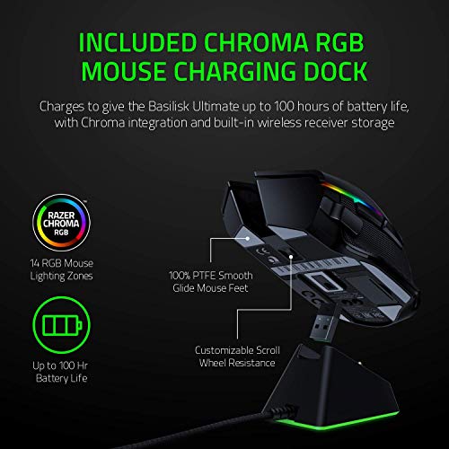 Razer Basilisk Ultimate HyperSpeed Wireless Gaming Mouse w/ Charging Dock 20K DPI Optical Sensor - Chroma RGB - 11 Programmable Buttons - 100 Hr Battery - Classic Black (Renewed)