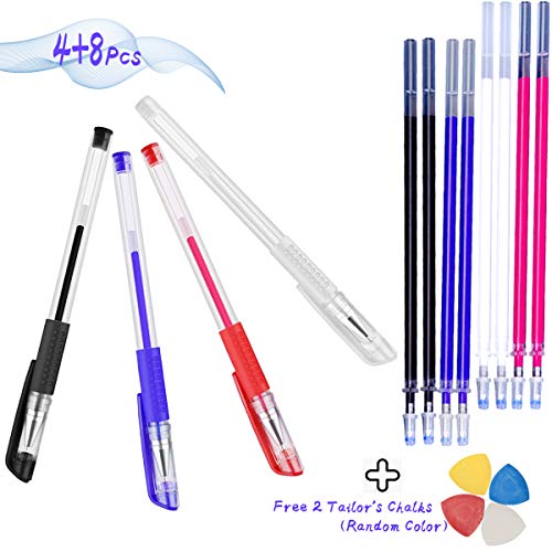Moi Doi Heat Erasable Pens,12 Pack Heat Erase Marking Pen for Fabric, 4 Colors 0.7mm Pens with 8 Refills for Sewing,Quilting and Dressmaking, with 2 Gift Random Color Tailor's Marker Chalk
