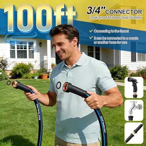 Heavy Duty Rubber Garden Hose 5/8" x 100FT, Non-Expandable Kink-Free Water Hose with Leak-Proof 3/4" Fittings for Yard Lawn and Car Wash