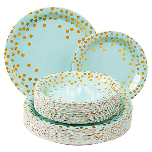250PCS Paper Party Supplies - ENUOSUMA Disposable Paper Plates Tableware Set Include 50 Dinner Plates 50 Dessert Plates 50 Cups 50 Napkins 50 Straws For Party Wedding Birthday, Blue & Gold (Serves 50) - Thumbnail 2