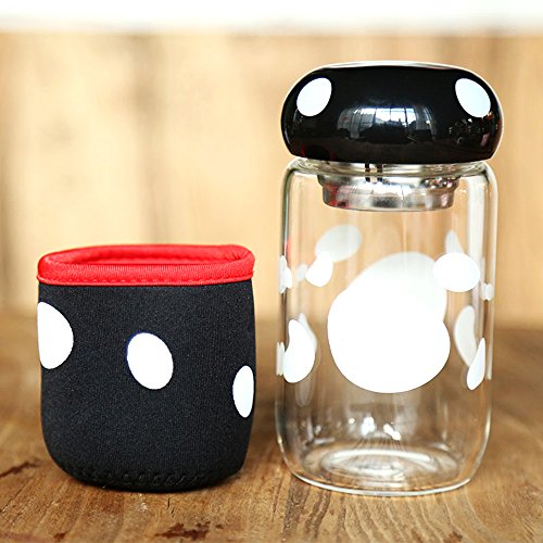 Glass Water Bottle, Junnom 300ml Mushroom Drinking Bottle / Cute Glass Bottle / Sport Water Filter Bottle with Lid for Pure Water, Juice, Beverage, Kombucha, etc (Black)