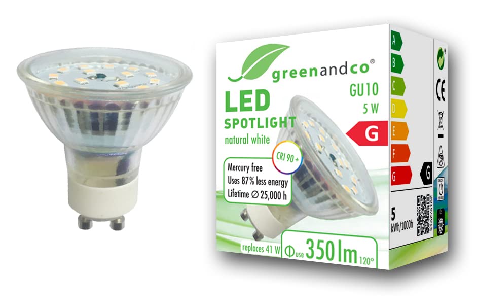 greenandco® CRI 90+ 4000K 110° LED spot Replaces 41 Watt GU10 Halogen Spotlight, 5W 350 Lumen Neutral White 230V, no Flicker, not dimmable