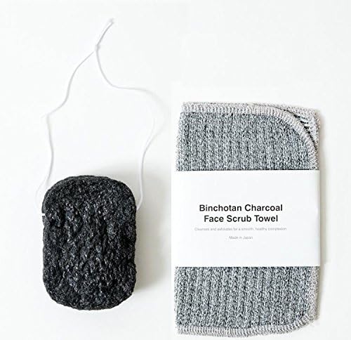 Morihata Binchotan Charcoal Facial Puff and Charcoal Facial Scrub Towel Bundle with Konjac Root, Charcoal Powder, Cotton and Polyester