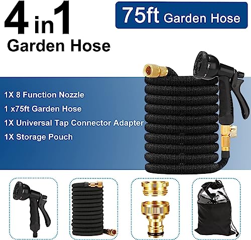 Expandable Garden Hose 75ft Flexible Water Hose Pipe with 8 Modes Spray Gun and 1/2 to 3/4 Inch Solid Brass Fittings for Gardening Yard Cleaning and Outdoor Car Washing Leak Proof Design