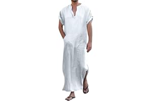 Jacansi Men's V-neck Short Sleeve Robe Side Split Kaftan Cotton Long Gown Thobe S-3XL