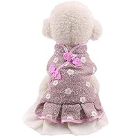 Hisoul Pet Clothes - Puppy Fashion Cute Lace Skirt Two-Legged Chinese Cheongsam Style Cotton Clothes - for Small Dog Girl Dog Soft Warm Clothing Winter (Pink, XS-Bust: 30cm / 11.81")