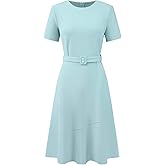 Hobemty Women's A Line Work Dress Short Sleeve Crew Neck Ruffle Flare Dresses with Belted
