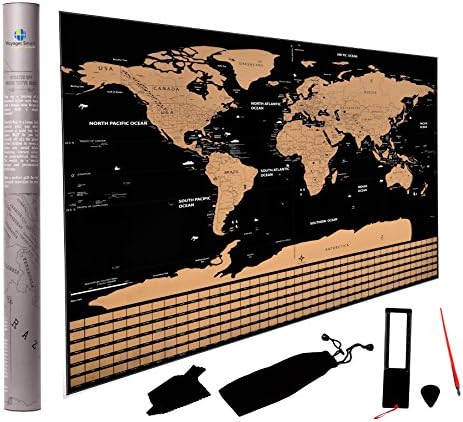 Scratch-Off-World-Map-Poster - Globetrotter Map of The World in Black and Gold - Detailed US States - Includes International Country Flags and Scratching Tools - Deluxe Edition Premium Travelers Gift