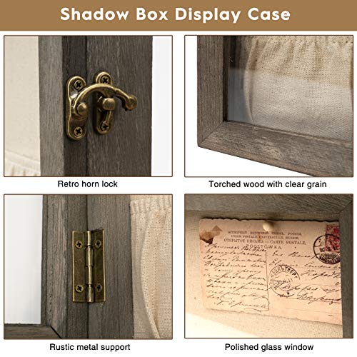 Emfogo 13x13 Shadow Box Picture Frame with Linen Back Front Glass Door and Pocket, Rustic Wood Shadow Display Case of Keepsakes, Baby, Wedding, Memory Box for Wall and Tabletop (Weathered Gray)