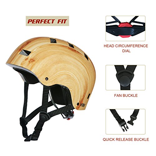 Vihir Multi Sports Bike Skateboard Helmet Classic Adult and Kids Adjustable Dial Helmet, Wood Grain, L
