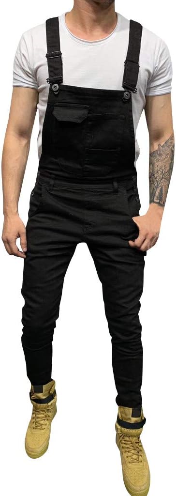 Mens Streetwear Suspender Denim Long Pants, Casual Fashion Solid Color Camouflage Print Pocket Jeans Overall Jumpsuit