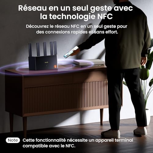 RE3L Routeur Wi-FI 7 BE3600 Double Bande, Wi-FI Maillé, Ports Gigabit WAN/LAN, 5 Antennes Verticales, 4K-QAM, MLO, NFC, VPN, WPA3, Contrôle par Application