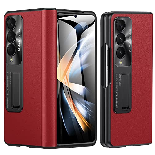 for Samsung Galaxy Fold 4 Cover: [Skin Felling] Genuine Leather Galaxy Fold 4 Kickstand Case with Screen Protector & Hinge Protection, Durable Shockproof Protective Cover for Fold 4 5G 2022 Red