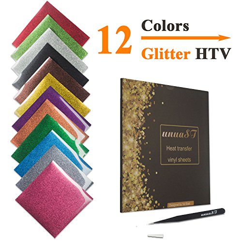 Glitter Heat Transfer Vinyl Bundle for T-shirts DIY-12 Sheets 10 x 10 inches |Premium Iron On HTV Bundle for Silhouette Cameo & Cricut Machines, One Free Easy Weed Tweezers