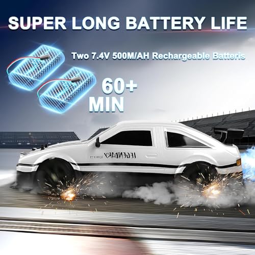 Remote Control Car RC Drift Car 1/16 Scale 4WD 18KM/H High Speed RC Car 2.4GHz with LED Lights Spray Racing Toy Car for Adults Boys Girls Kids Birthday 2Pcs Rechargeable Batteries (White)