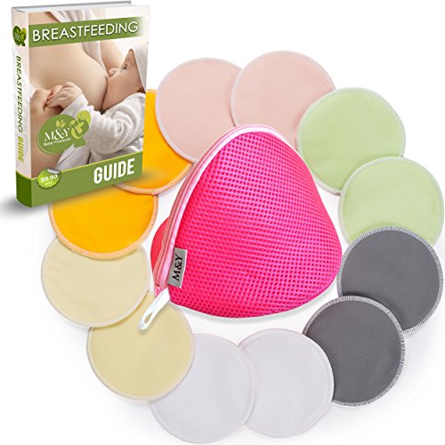 Organic Bamboo Nursing Pads (12 Pack) + Laundry Bag | 2 Sizes & Color Sets | Super Soft & Absorbent, Hypoallergenic | Breathable, Washable, Leak-Proof | Premium Quality Reusable (Medium, Multi-Color)