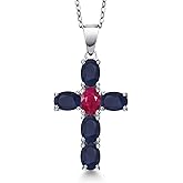 Gem Stone King 925 Sterling Silver Blue Sapphire and Red Ruby Cross Pendant Necklace for Women | 3.38 Cttw | Gemstone September Birthstone | Oval 6X4MM | With 18 Inch Chain