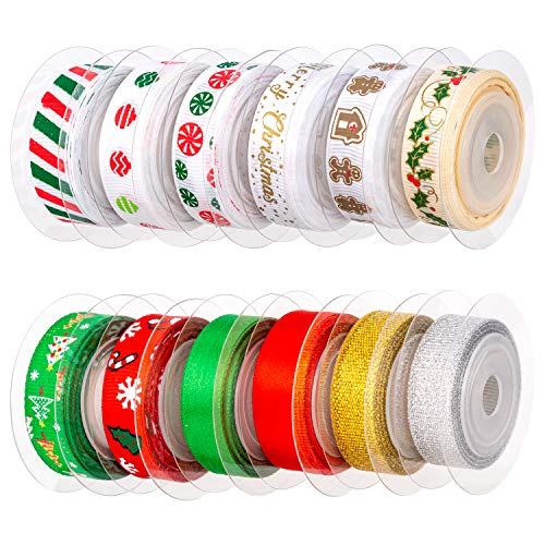 AIEX 12Pcs Christmas Ribbon, Satin Ribbons for Crafts Decorations, Xmas Ribbon Set for Christmas Gift Box Wrapping, Sewing, Hair Banding, Wedding, DIY Crafts (12 Colors, 60 Yards 3/8 Inch)