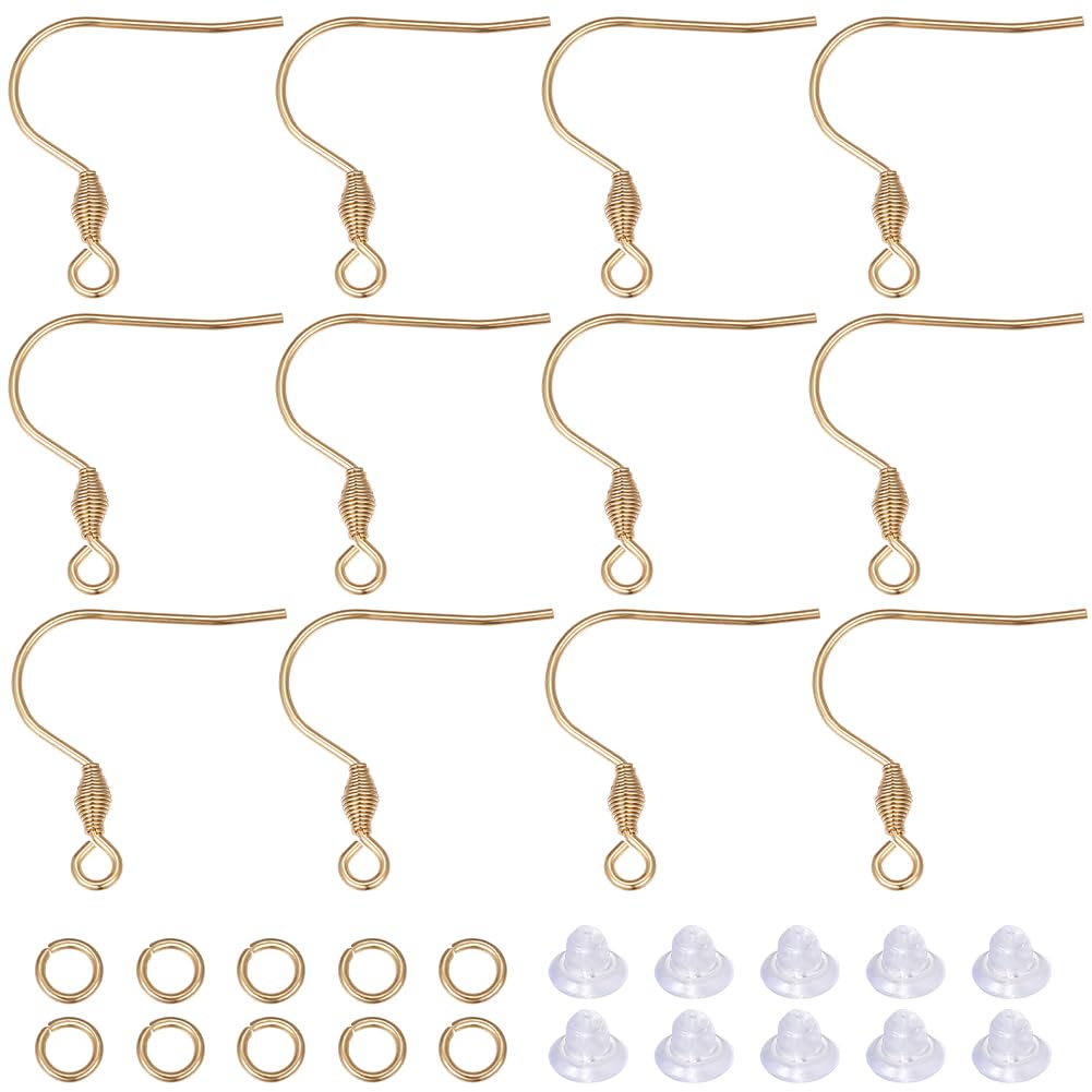 Beebeecraft 1 Box 50Pcs Earring Hooks 18K Gold Plated Brass French Ear Wire and Earwire Connector with 50Pcs Open Jump Rings and 50Pcs Ear Nuts for Jewelry Making DIY Earring Findings