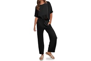 Fisoew Womens 2 Piece Outfits Sweater Sets Knit Split Crop Tops High Waisted Pants Lounge Set