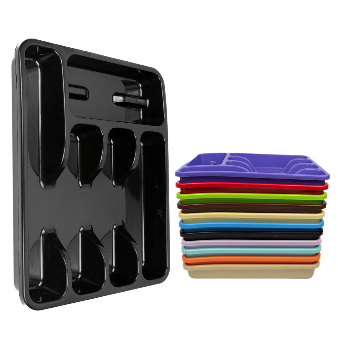 ECO Plastic Large Cutlery Drawer Organiser | 6 Compartment Cutlery Tray for Drawers | Multi Color Cutlery Trays for Kitchen Drawers | Kitchen Drawer Organiser for Forks, Spoons & Knives (Black)