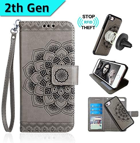 CASEOWL iPhone 8/7/SE 2nd Case Wallet,Mandala Flower Embossed Upgrade Version Lanyard Wallet Case for iPhone 7/8/SE 2nd,Magnetic Detachable,RFID Protection,Fit Car Mount,H/V Stands,Card Slots[Gray]