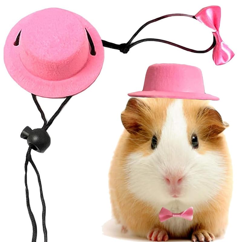 CQJ 2pcs Guinea Pig Clothes Small Animal Bow Tie Pet Hat Costume Set Role Play Cute Pet Hat Bow Tie for Hamster Guinea Pig Rabbit Chinchilla Hedgehog (Pink hat + pink bow tie)
