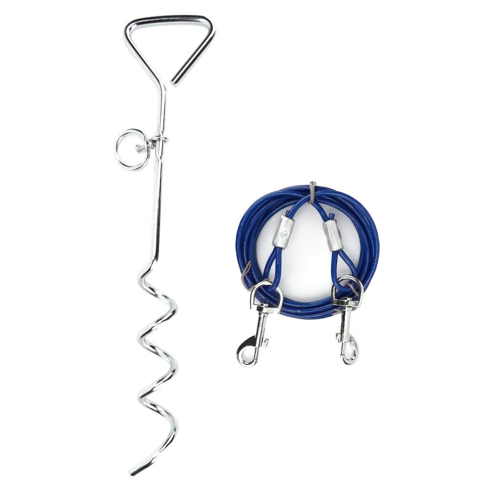 Dog Traction Chain, Dog Spiral Ground Stake Pile Double Head Hook Adjustable Traction Rope Safe Control for Dogs(steel small size-blue dog pile)