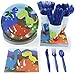 Dinosaur Disposable Party Supplies Set - Serves 48, Fun Dino Themed Birthday Paper Plates, Napkins, Plastic Utensils, and Cups